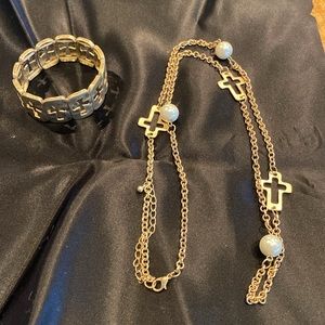 Goldtone necklace with crosses and pearls with matching bracelet